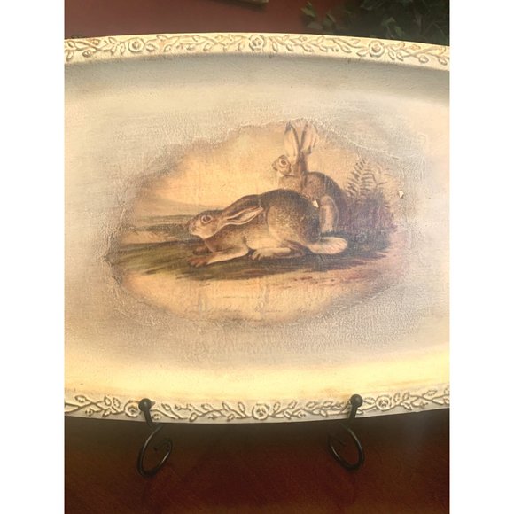 Hand Painted and Decorated Silver Tray Bunny Rabbit Picture Easter Decor Display - Picture 3 of 4